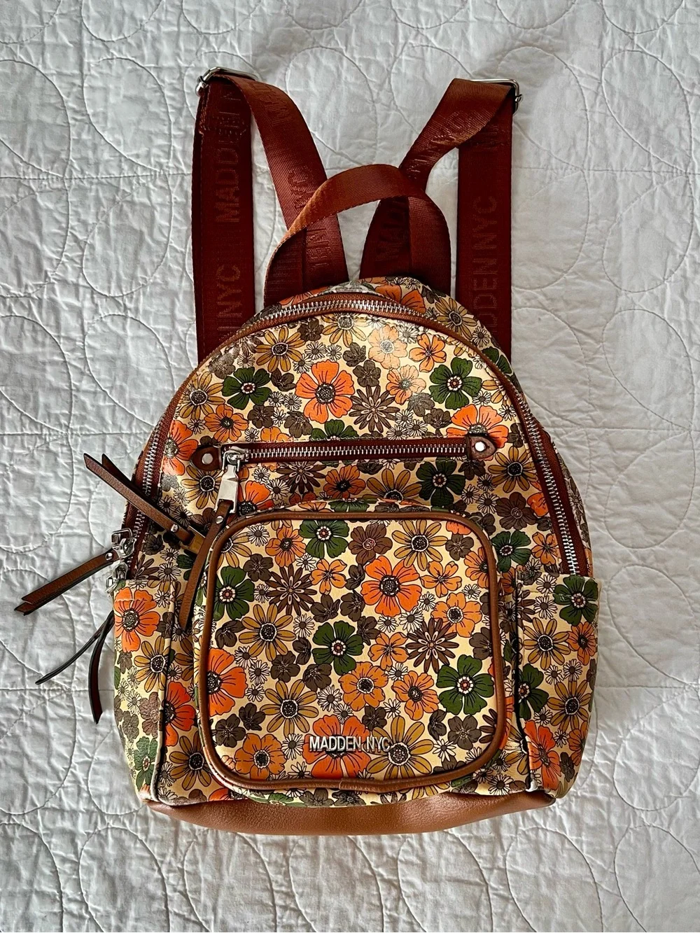 Madden NYC Mini Backpack in Orange/Green/Brown Retro Flower Power 70s Style